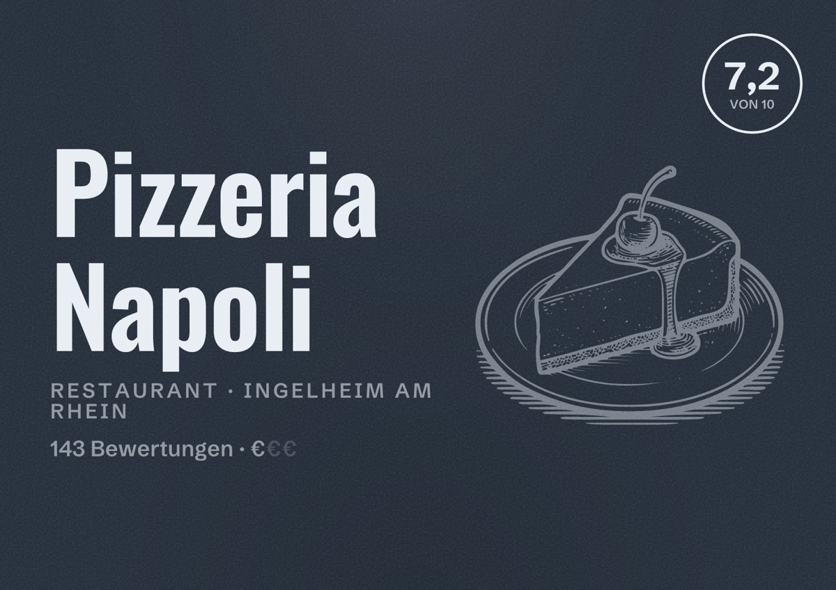 Illustriertes Poster von Pizzeria Napoli, Restaurant in Ingelheim am Rhein: Bewertung 7,2 von 10 aus 143 Bewertungen, Preisniveau €
