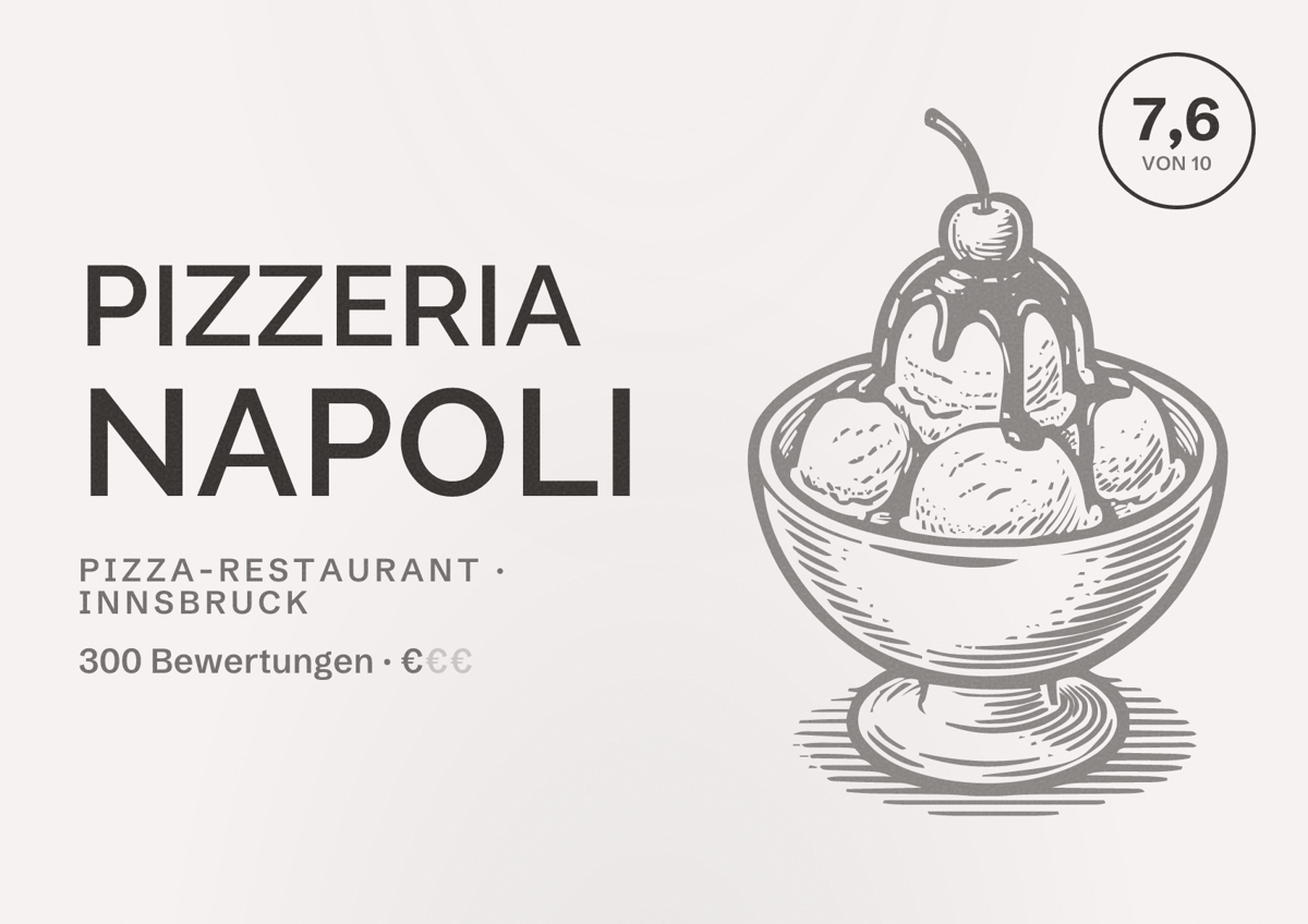 Illustriertes Poster von Pizzeria Napoli, Pizza-Restaurant in Innsbruck: Bewertung 7,6 von 10 aus 300 Bewertungen, Preisniveau €