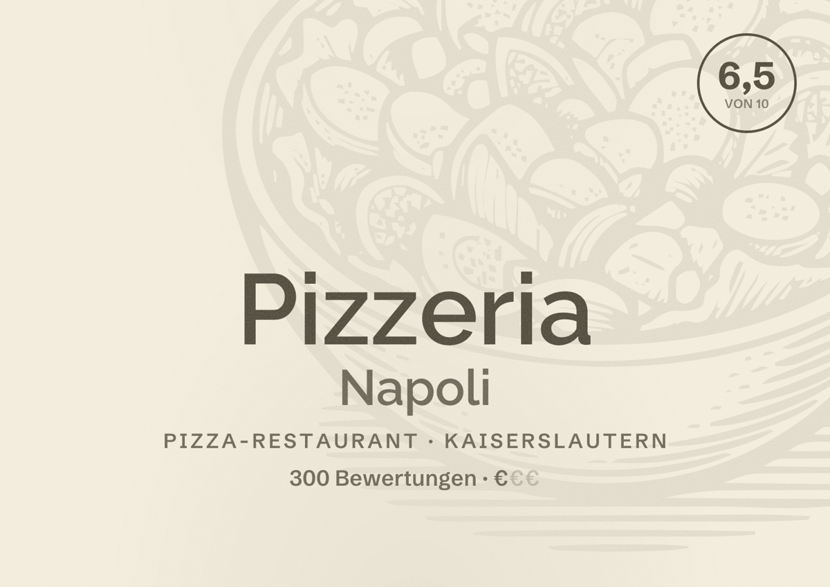 Illustriertes Poster von Pizzeria Napoli, Pizza-Restaurant in Kaiserslautern: Bewertung 6,5 von 10 aus 300 Bewertungen, Preisniveau €