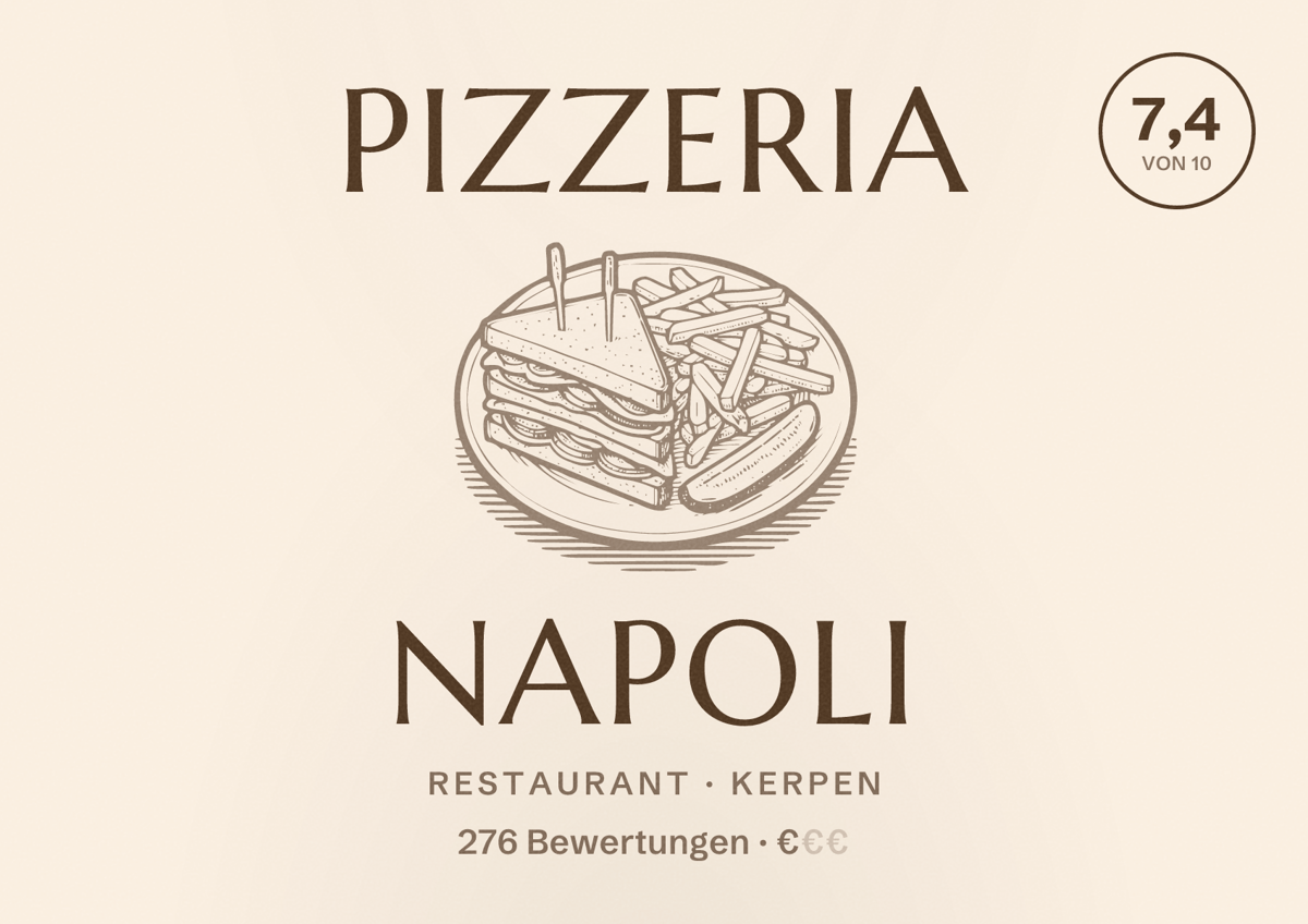 Illustriertes Poster von Pizzeria Napoli, Restaurant in Kerpen: Bewertung 7,4 von 10 aus 276 Bewertungen, Preisniveau €