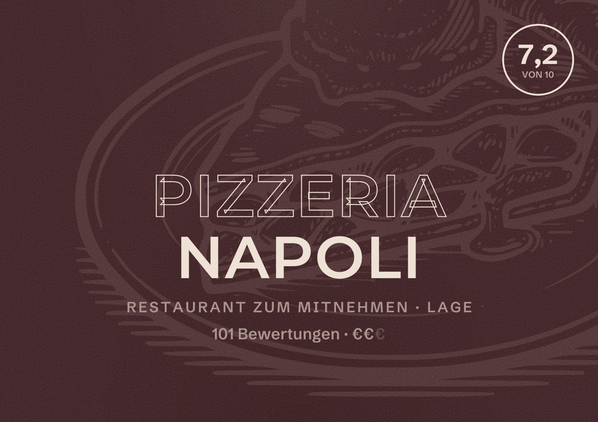 Illustriertes Poster von Pizzeria Napoli, Restaurant zum Mitnehmen in Lage: Bewertung 7,2 von 10 aus 101 Bewertungen, Preisniveau €€