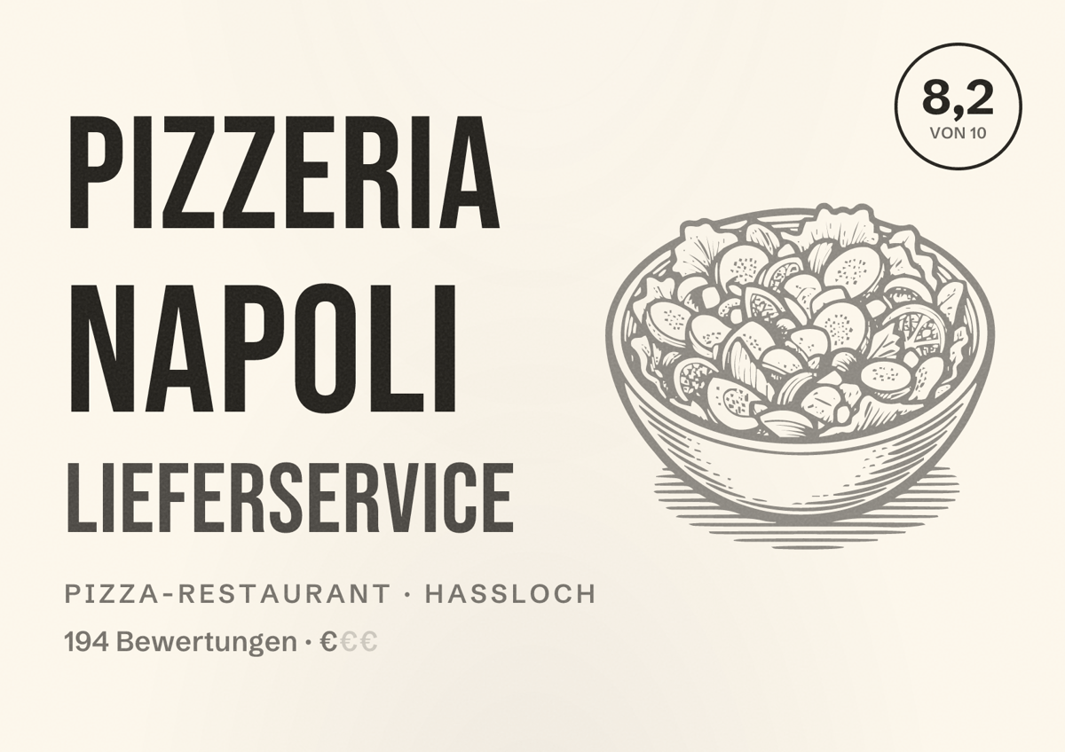 Illustriertes Poster von Pizzeria Napoli Lieferservice, Pizza-Restaurant in Haßloch: Bewertung 8,2 von 10 aus 194 Bewertungen, Preisniveau €