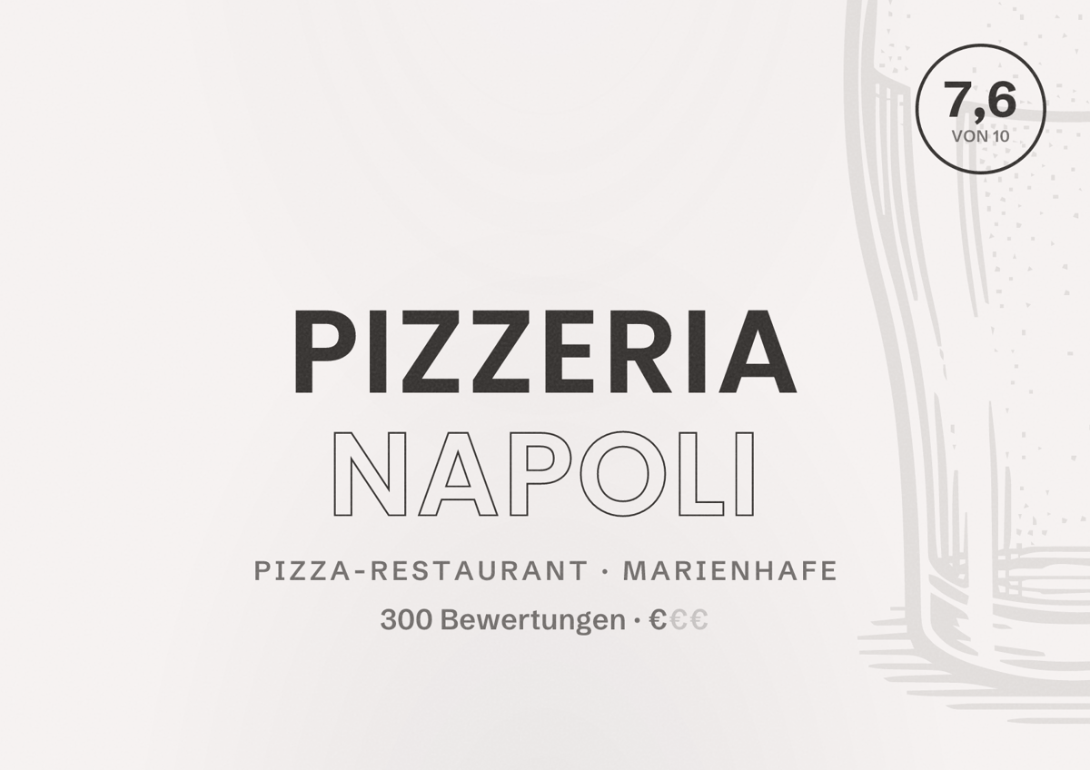 Illustriertes Poster von Pizzeria Napoli, Pizza-Restaurant in Marienhafe: Bewertung 7,6 von 10 aus 300 Bewertungen, Preisniveau €