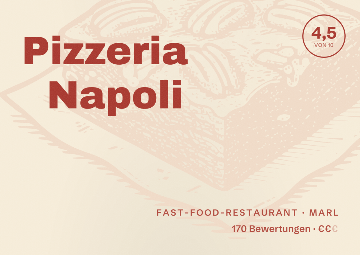 Illustriertes Poster von Pizzeria Napoli, Fast-Food-Restaurant in Marl: Bewertung 4,5 von 10 aus 170 Bewertungen, Preisniveau €€