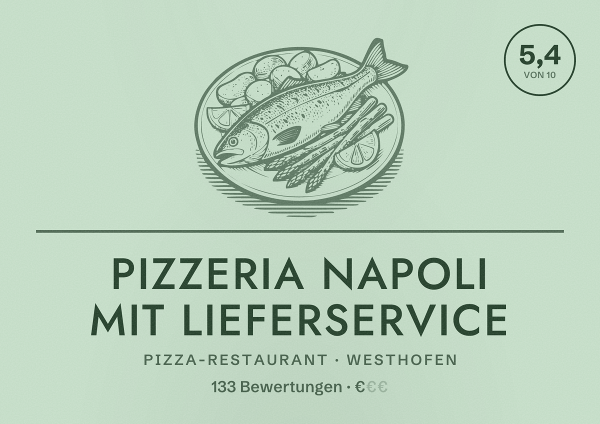 Illustriertes Poster von Pizzeria Napoli mit Lieferservice, Pizza-Restaurant in Westhofen: Bewertung 5,4 von 10 aus 133 Bewertungen, Preisniveau €