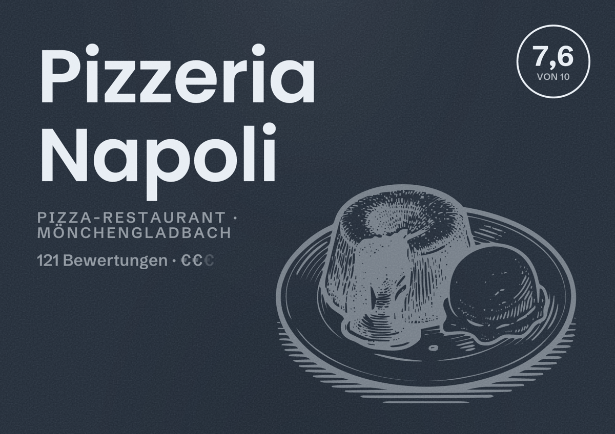 Illustriertes Poster von Pizzeria Napoli, Pizza-Restaurant in Mönchengladbach: Bewertung 7,6 von 10 aus 121 Bewertungen, Preisniveau €€