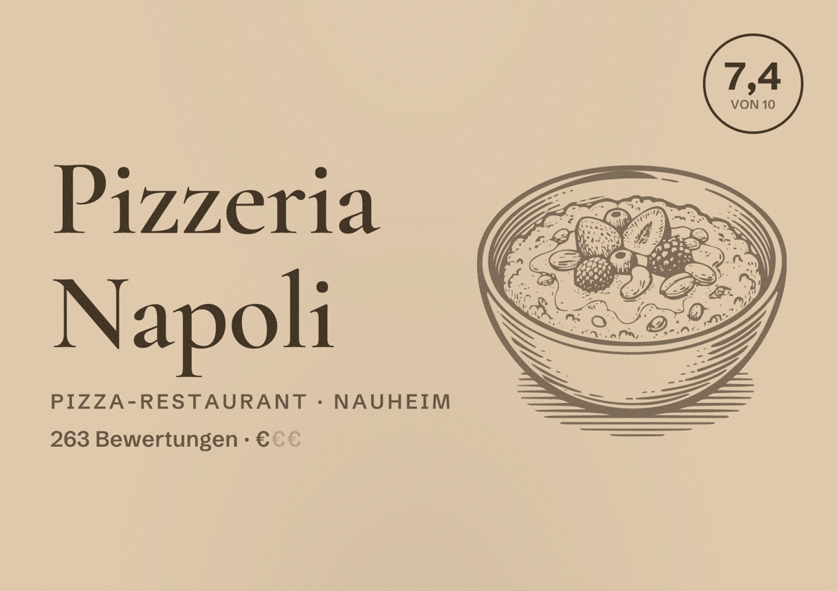 Illustriertes Poster von Pizzeria Napoli, Pizza-Restaurant in Nauheim: Bewertung 7,4 von 10 aus 263 Bewertungen, Preisniveau €