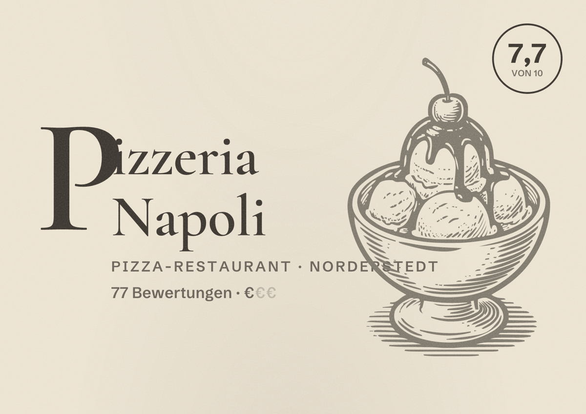 Illustriertes Poster von Pizzeria Napoli, Pizza-Restaurant in Norderstedt: Bewertung 7,7 von 10 aus 77 Bewertungen, Preisniveau €