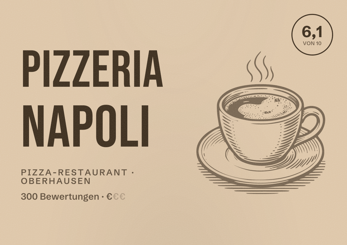 Illustriertes Poster von Pizzeria Napoli, Pizza-Restaurant in Oberhausen: Bewertung 6,1 von 10 aus 300 Bewertungen, Preisniveau €