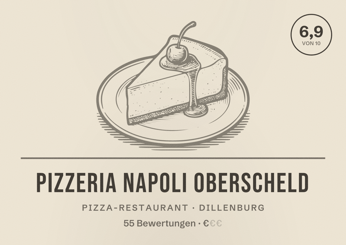 Illustriertes Poster von Pizzeria Napoli Oberscheld, Pizza-Restaurant in Dillenburg: Bewertung 6,9 von 10 aus 55 Bewertungen, Preisniveau €