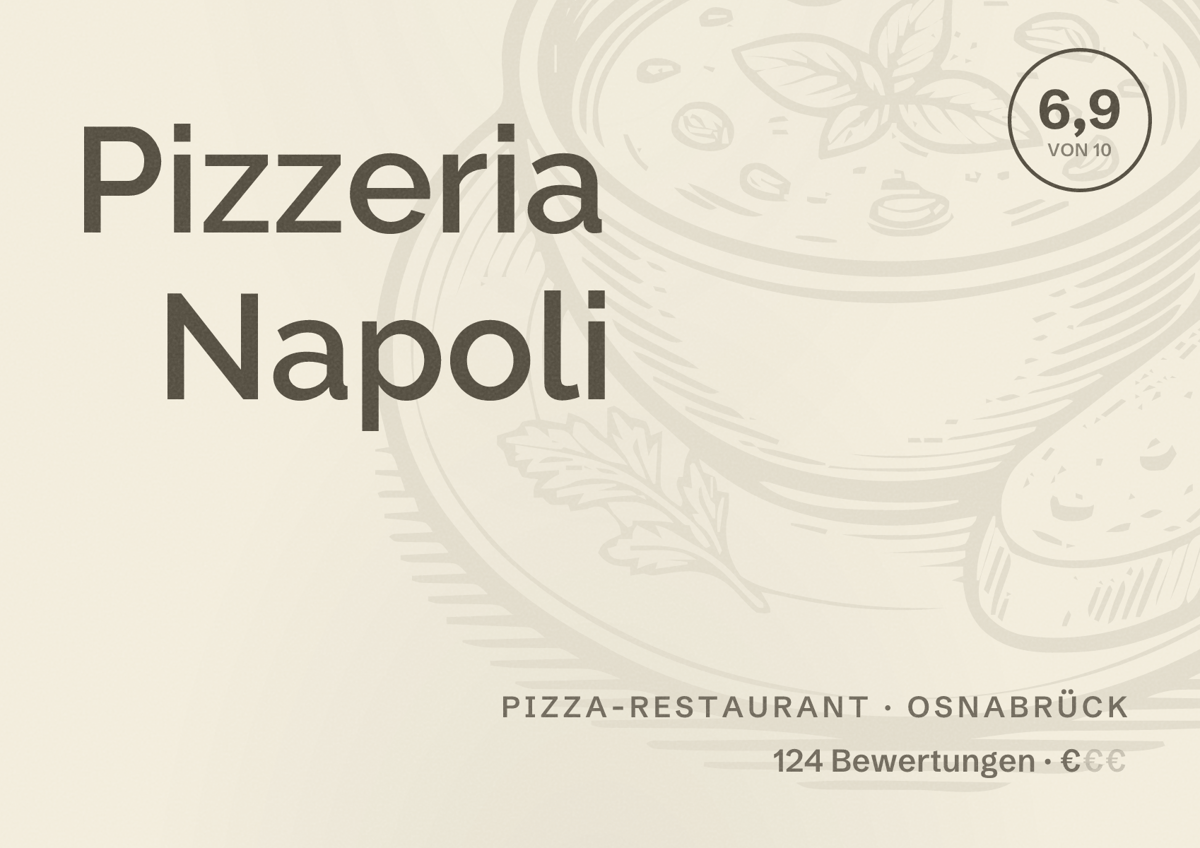 Illustriertes Poster von Pizzeria Napoli, Pizza-Restaurant in Osnabrück: Bewertung 6,9 von 10 aus 124 Bewertungen, Preisniveau €