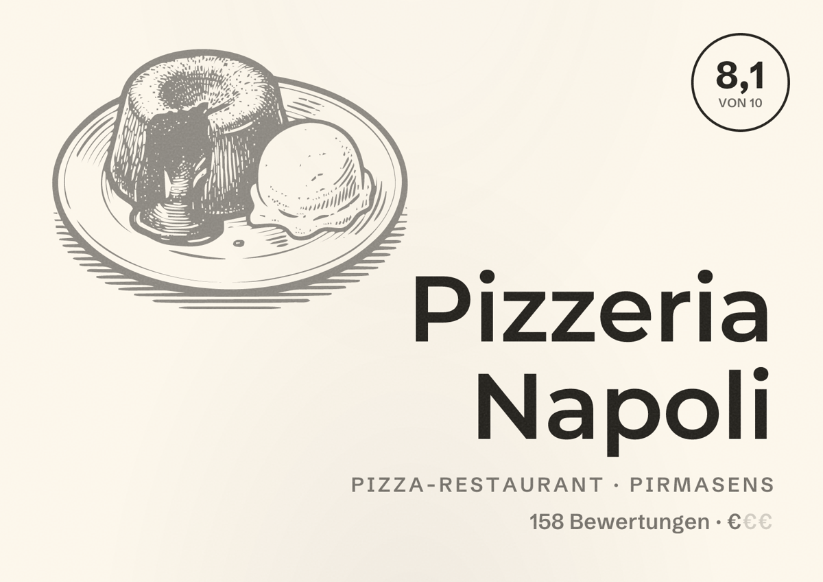Illustriertes Poster von Pizzeria Napoli, Pizza-Restaurant in Pirmasens: Bewertung 8,1 von 10 aus 158 Bewertungen, Preisniveau €