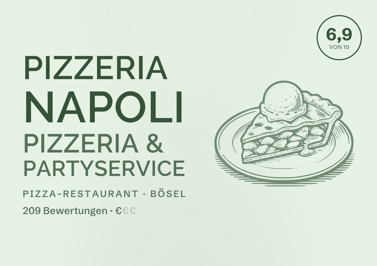 Illustriertes Poster von Pizzeria Napoli pizzeria & partyservice, Pizza-Restaurant in Bösel: Bewertung 6,9 von 10 aus 209 Bewertungen, Preisniveau €