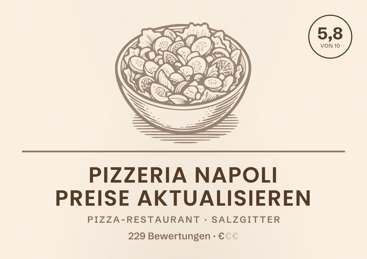 Illustriertes Poster von Pizzeria Napoli Preise aktualisieren, Pizza-Restaurant in Salzgitter: Bewertung 5,8 von 10 aus 229 Bewertungen, Preisniveau €