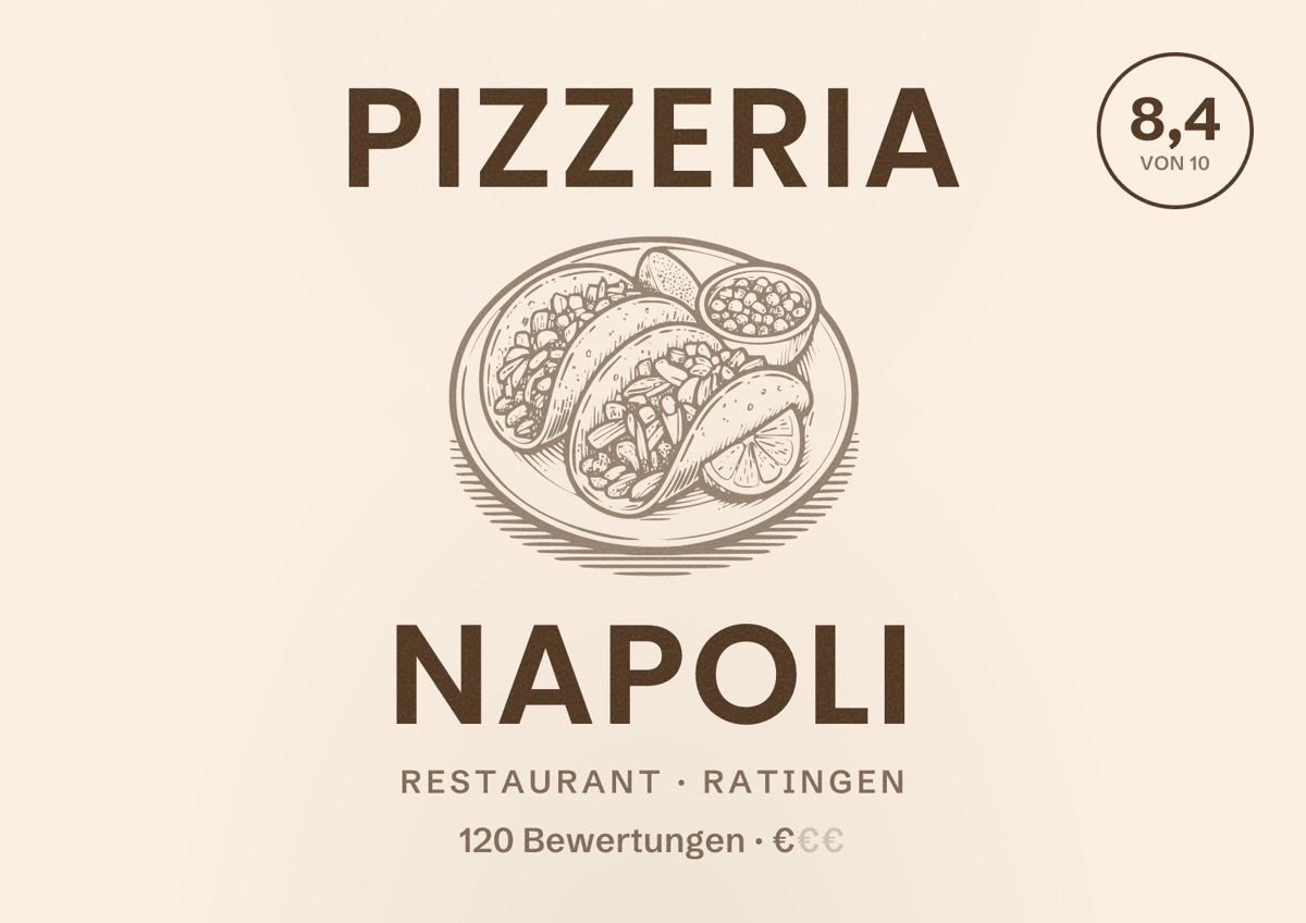Illustriertes Poster von Pizzeria Napoli, Restaurant in Ratingen: Bewertung 8,4 von 10 aus 120 Bewertungen, Preisniveau €
