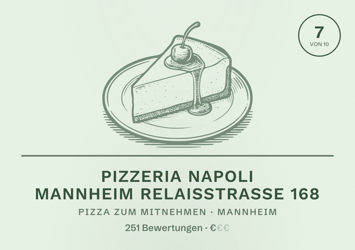 Illustriertes Poster von Pizzeria Napoli Mannheim Relaisstraße 168, Pizza zum Mitnehmen in Mannheim: Bewertung 7 von 10 aus 251 Bewertungen, Preisniveau €