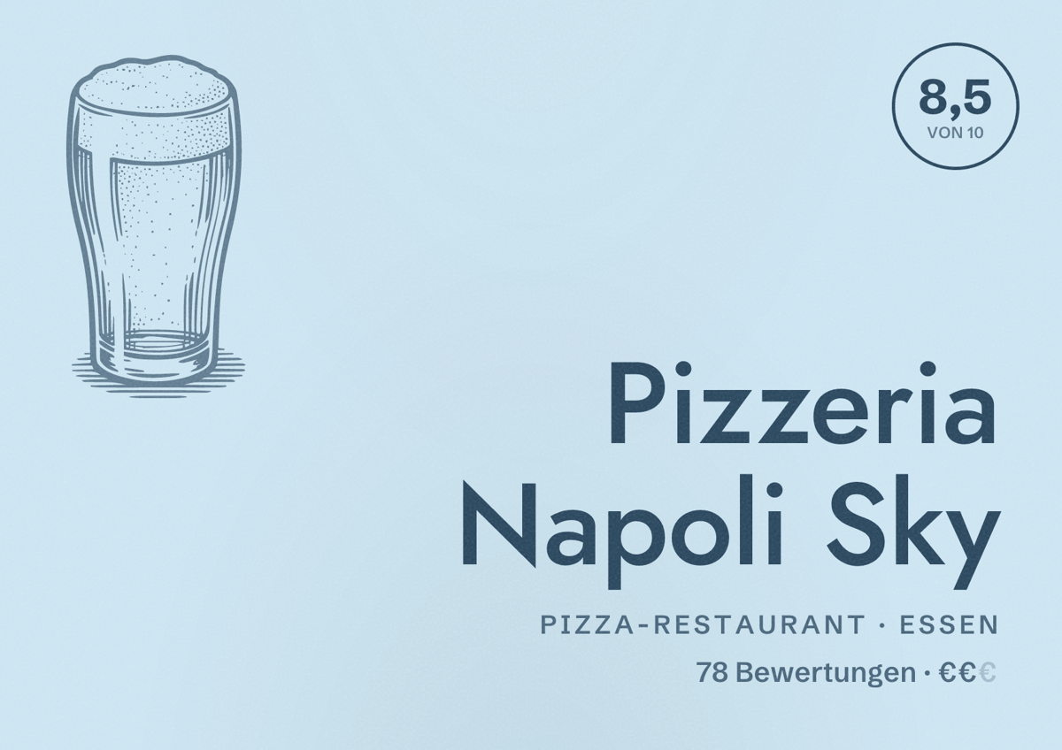 Illustriertes Poster von Pizzeria Napoli Sky, Pizza-Restaurant in Essen: Bewertung 8,5 von 10 aus 78 Bewertungen, Preisniveau €€