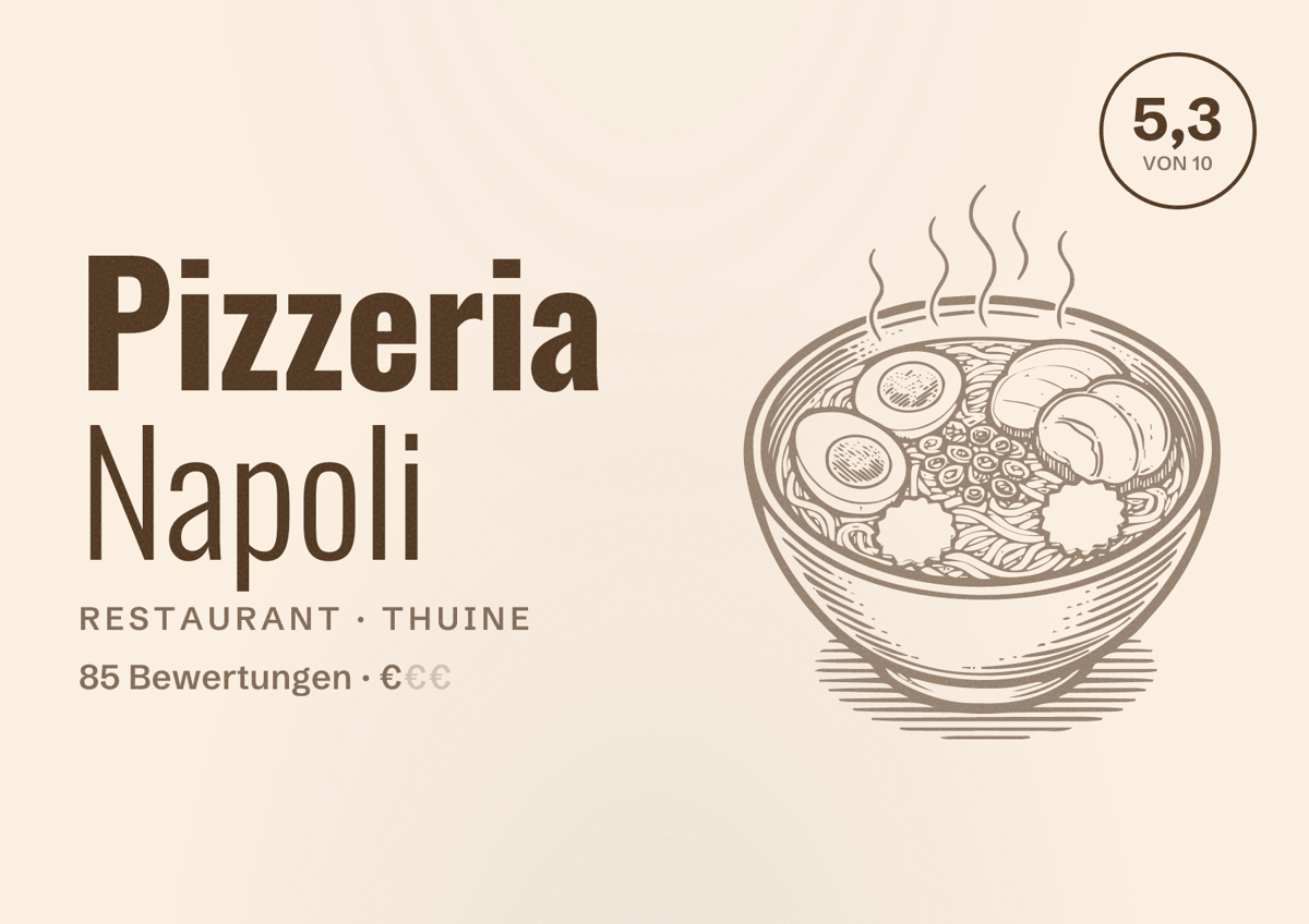 Illustriertes Poster von Pizzeria Napoli, Restaurant in Thuine: Bewertung 5,3 von 10 aus 85 Bewertungen, Preisniveau €