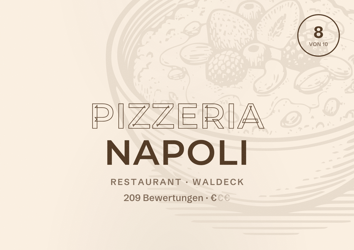 Illustriertes Poster von Pizzeria Napoli, Restaurant in Waldeck: Bewertung 8 von 10 aus 209 Bewertungen, Preisniveau €