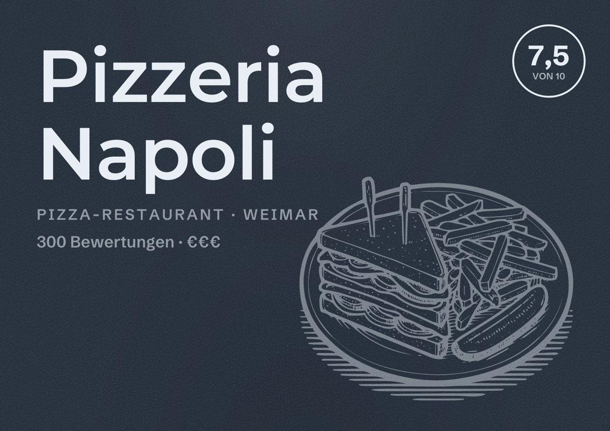 Illustriertes Poster von Pizzeria Napoli, Pizza-Restaurant in Weimar: Bewertung 7,5 von 10 aus 300 Bewertungen, Preisniveau €€€