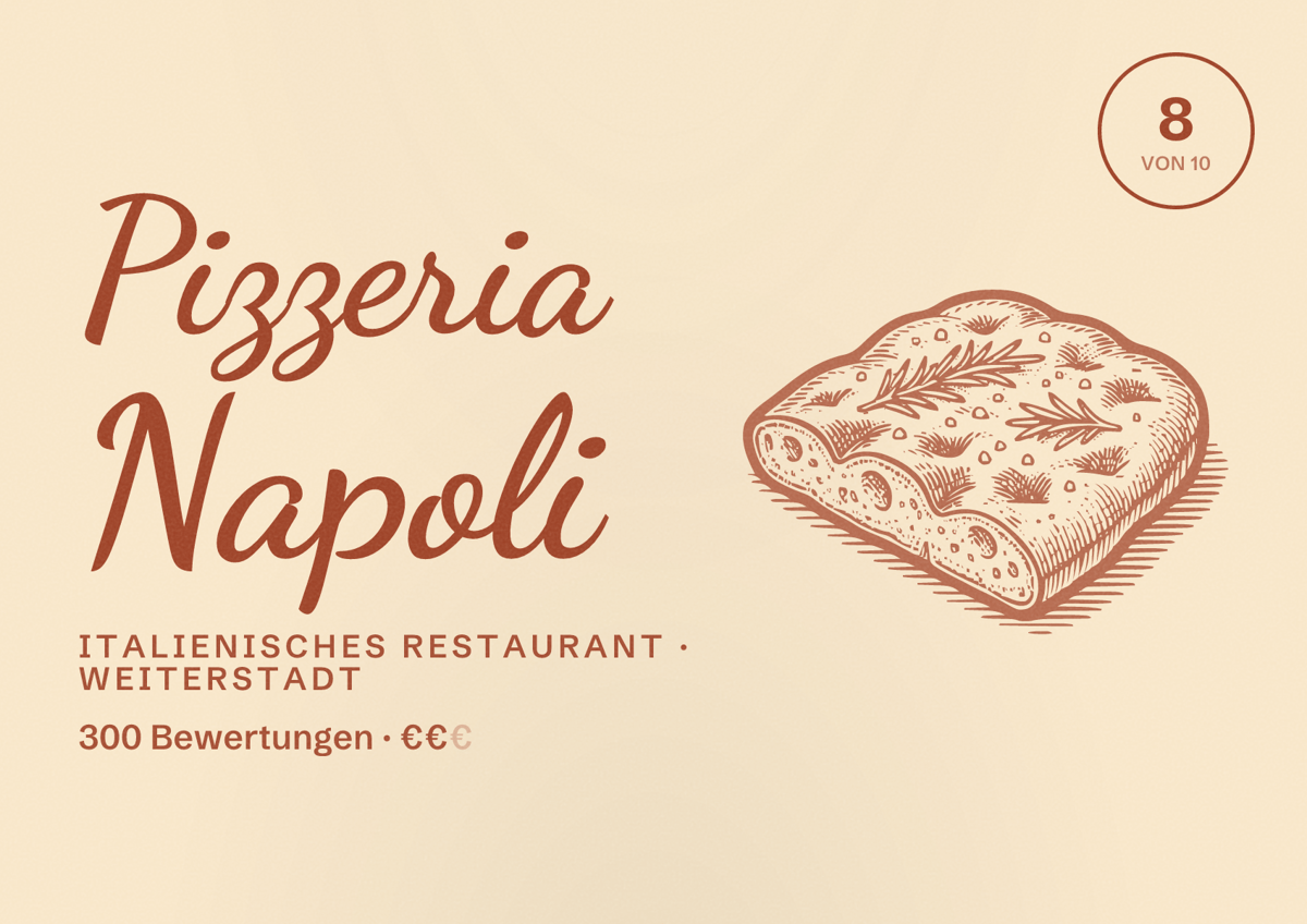 Illustriertes Poster von Pizzeria Napoli, Italienisches Restaurant in Weiterstadt: Bewertung 8 von 10 aus 300 Bewertungen, Preisniveau €€
