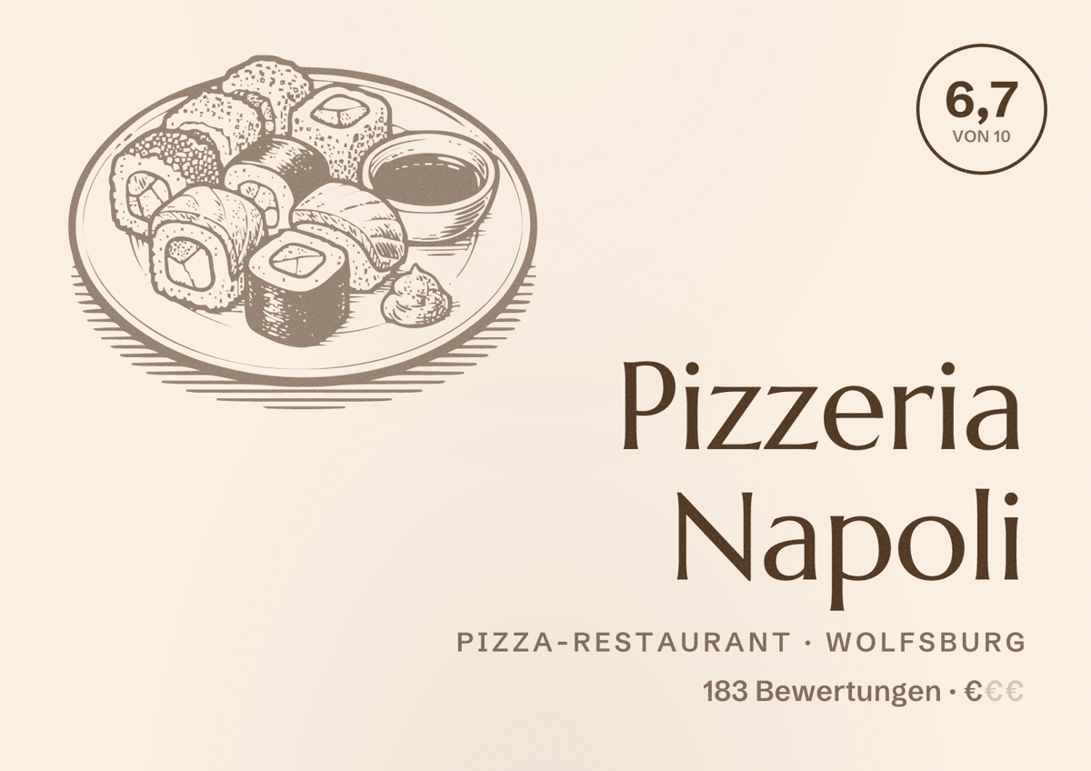 Illustriertes Poster von Pizzeria Napoli, Pizza-Restaurant in Wolfsburg: Bewertung 6,7 von 10 aus 183 Bewertungen, Preisniveau €