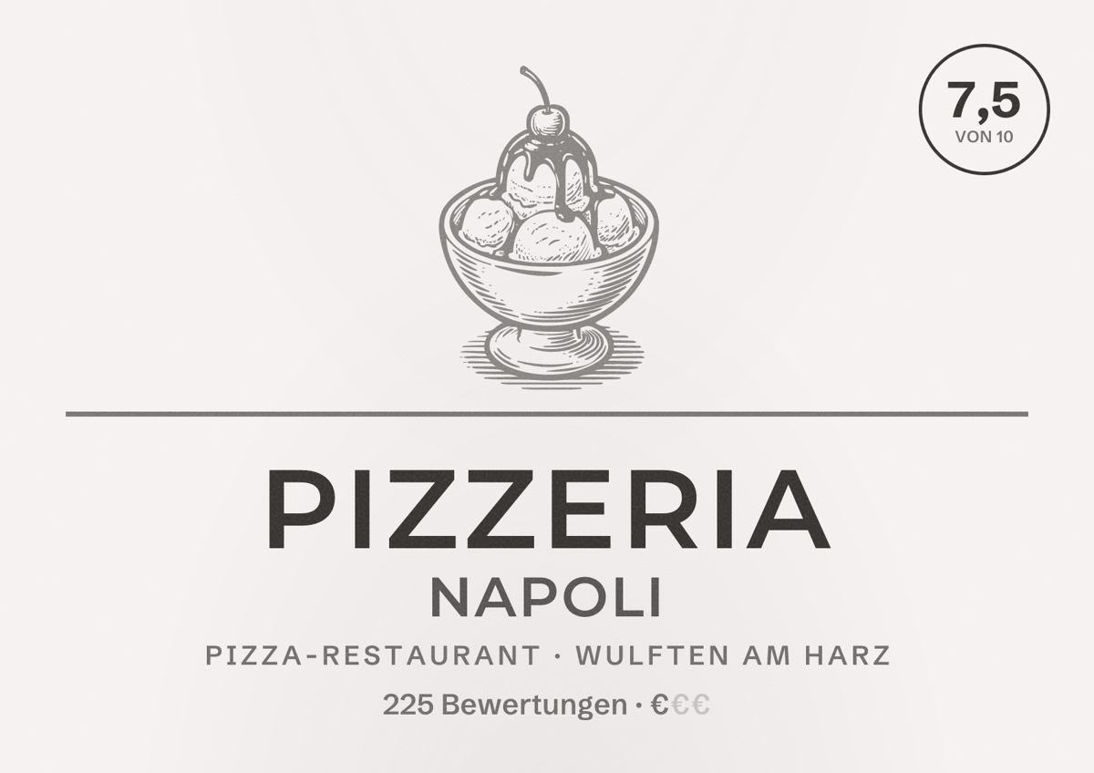 Illustriertes Poster von Pizzeria Napoli, Pizza-Restaurant in Wulften am Harz: Bewertung 7,5 von 10 aus 225 Bewertungen, Preisniveau €