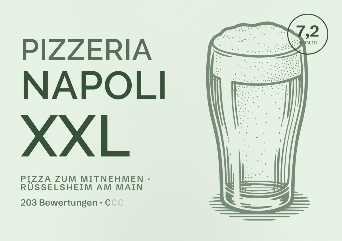 Illustriertes Poster von Pizzeria Napoli XXL, Pizza zum Mitnehmen in Rüsselsheim am Main: Bewertung 7,2 von 10 aus 203 Bewertungen, Preisniveau €