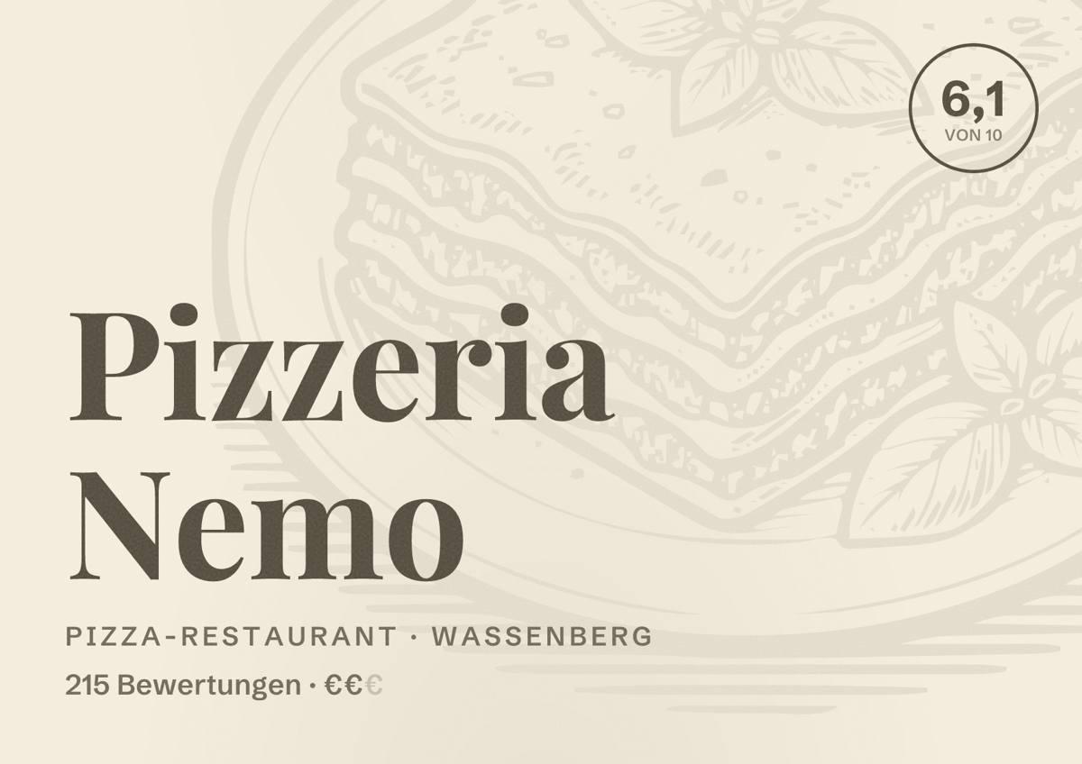 Illustriertes Poster von Pizzeria Nemo, Pizza-Restaurant in Wassenberg: Bewertung 6,1 von 10 aus 215 Bewertungen, Preisniveau €€