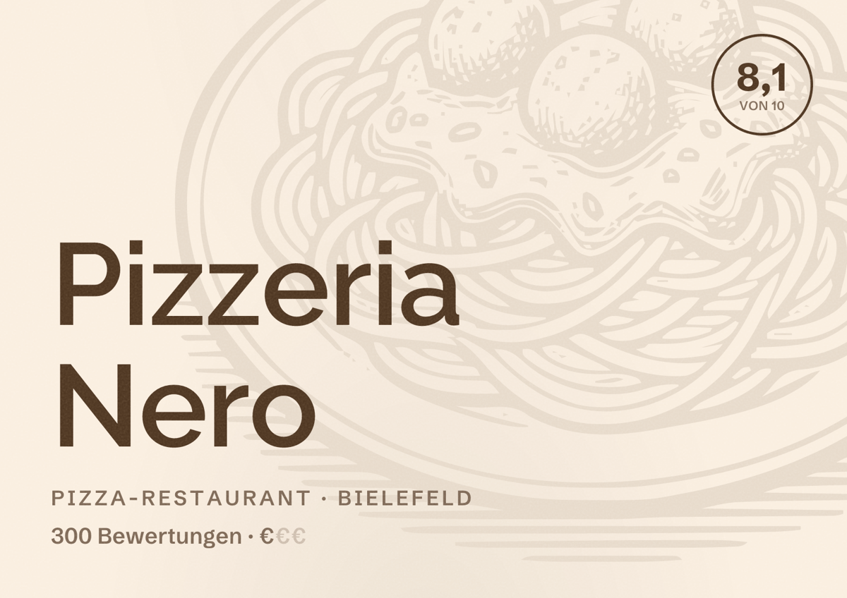 Illustriertes Poster von Pizzeria Nero, Pizza-Restaurant in Bielefeld: Bewertung 8,1 von 10 aus 300 Bewertungen, Preisniveau €