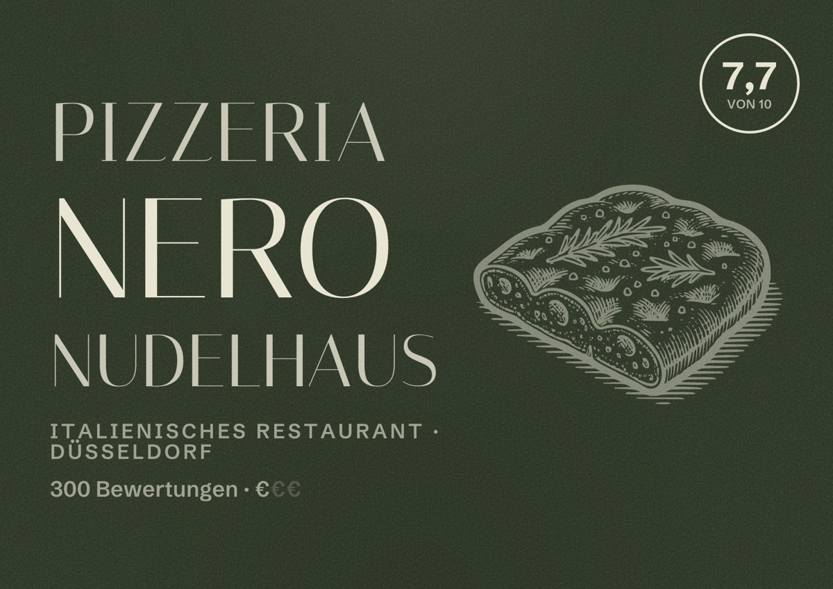Illustriertes Poster von Pizzeria Nero Nudelhaus, Italienisches Restaurant in Düsseldorf: Bewertung 7,7 von 10 aus 300 Bewertungen, Preisniveau €
