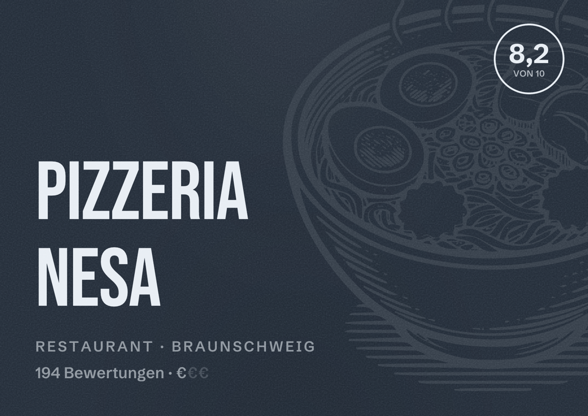 Illustriertes Poster von Pizzeria Nesa, Restaurant in Braunschweig: Bewertung 8,2 von 10 aus 194 Bewertungen, Preisniveau €