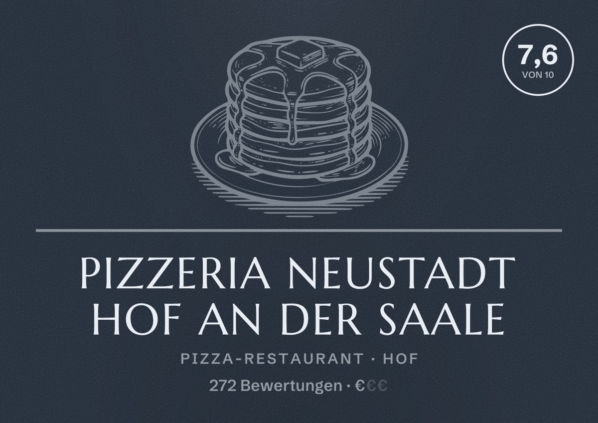 Illustriertes Poster von Pizzeria Neustadt Hof an der Saale, Pizza-Restaurant in Hof: Bewertung 7,6 von 10 aus 272 Bewertungen, Preisniveau €