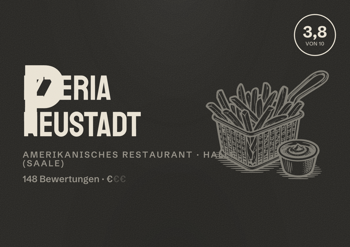 Illustriertes Poster von Pizzeria Neustadt, Amerikanisches Restaurant in Halle (Saale): Bewertung 3,8 von 10 aus 148 Bewertungen, Preisniveau €