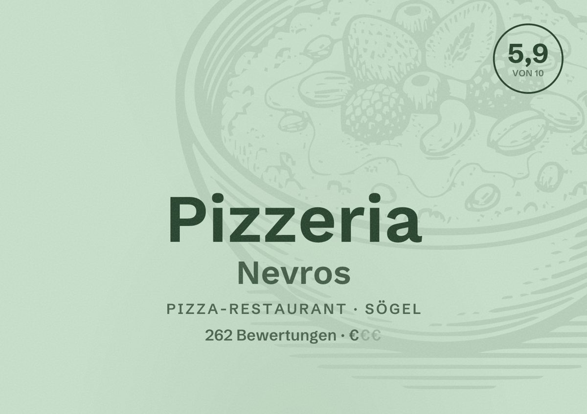 Illustriertes Poster von Pizzeria Nevros, Pizza-Restaurant in Sögel: Bewertung 5,9 von 10 aus 262 Bewertungen, Preisniveau €