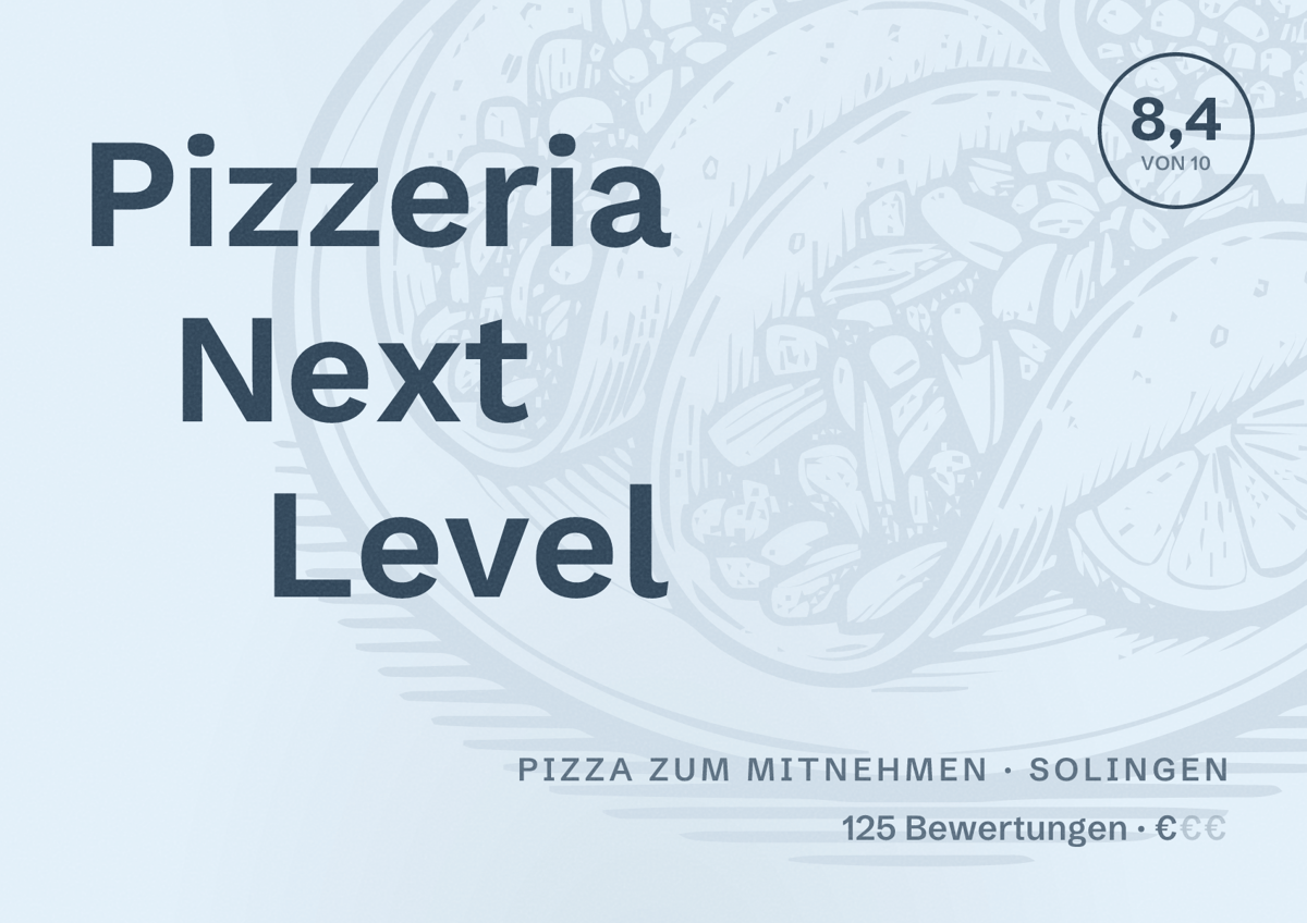 Illustriertes Poster von Pizzeria Next Level, Pizza zum Mitnehmen in Solingen: Bewertung 8,4 von 10 aus 125 Bewertungen, Preisniveau €