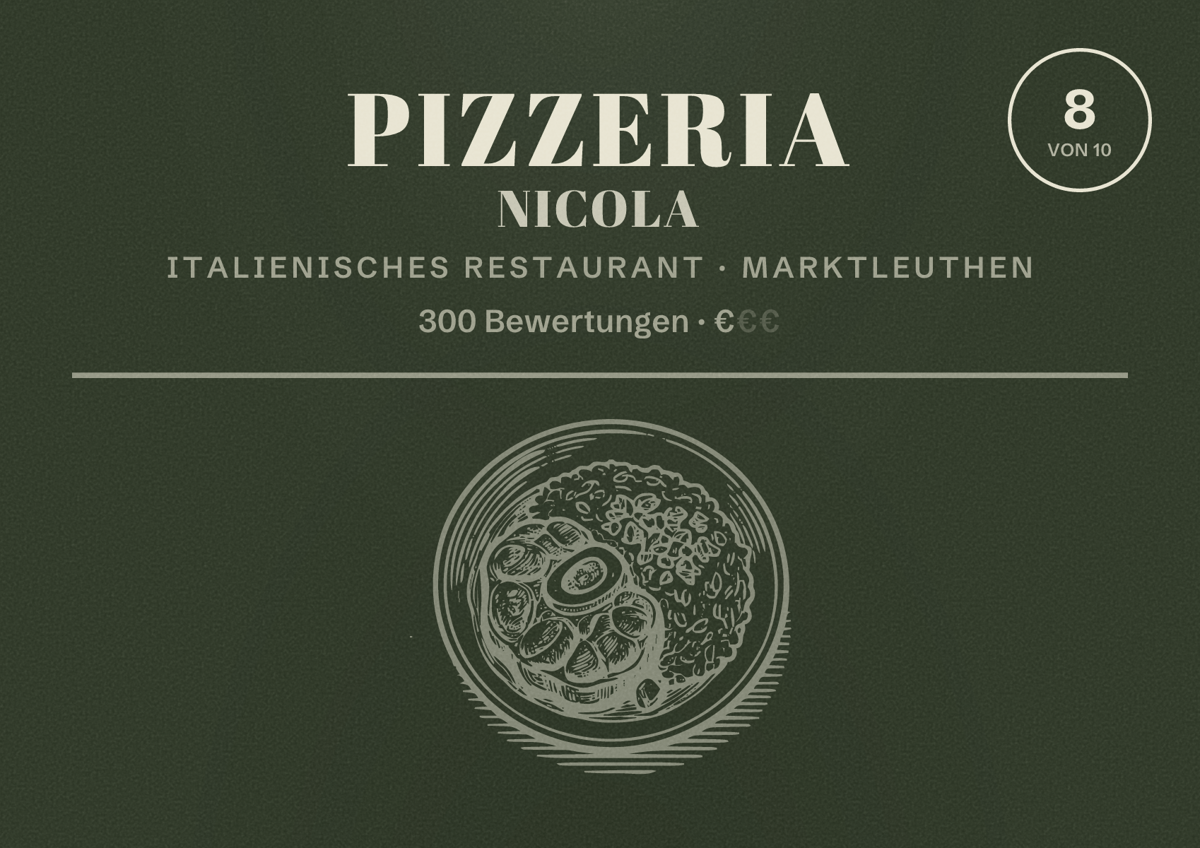 Illustriertes Poster von Pizzeria Nicola, Italienisches Restaurant in Marktleuthen: Bewertung 8 von 10 aus 300 Bewertungen, Preisniveau €