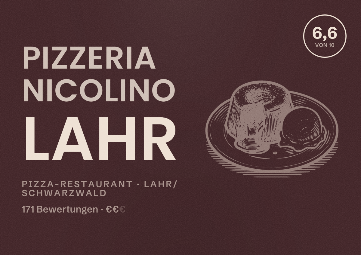 Illustriertes Poster von Pizzeria Nicolino Lahr, Pizza-Restaurant in Lahr/Schwarzwald: Bewertung 6,6 von 10 aus 171 Bewertungen, Preisniveau €