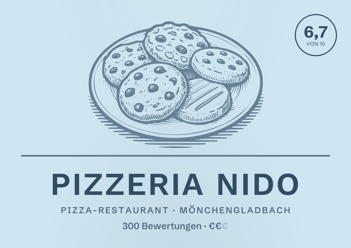 Illustriertes Poster von PIZZERIA NIDO, Pizza-Restaurant in Mönchengladbach: Bewertung 6,7 von 10 aus 300 Bewertungen, Preisniveau €€
