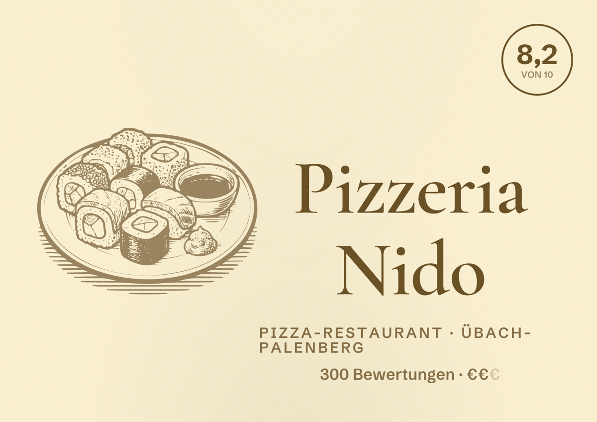 Illustriertes Poster von Pizzeria Nido, Pizza-Restaurant in Übach-Palenberg: Bewertung 8,2 von 10 aus 300 Bewertungen, Preisniveau €€