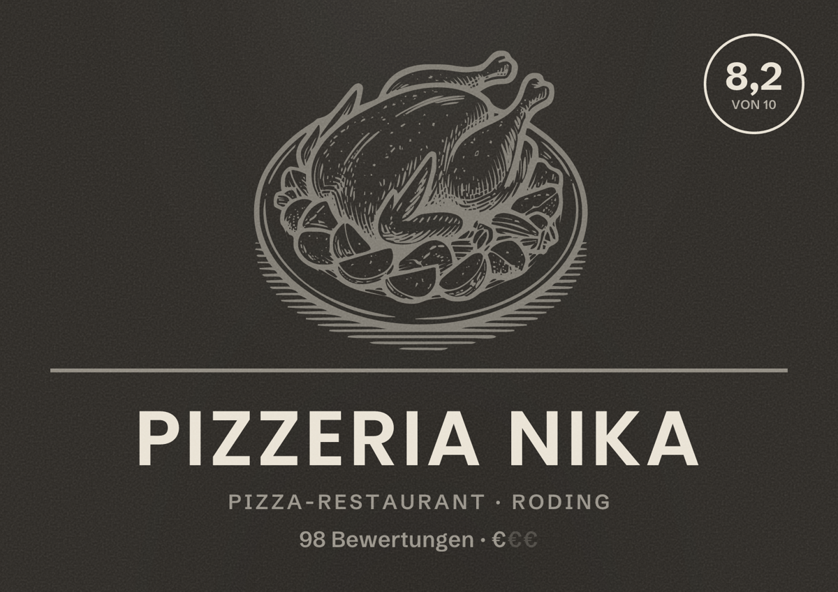 Illustriertes Poster von Pizzeria Nika, Pizza-Restaurant in Roding: Bewertung 8,2 von 10 aus 98 Bewertungen, Preisniveau €