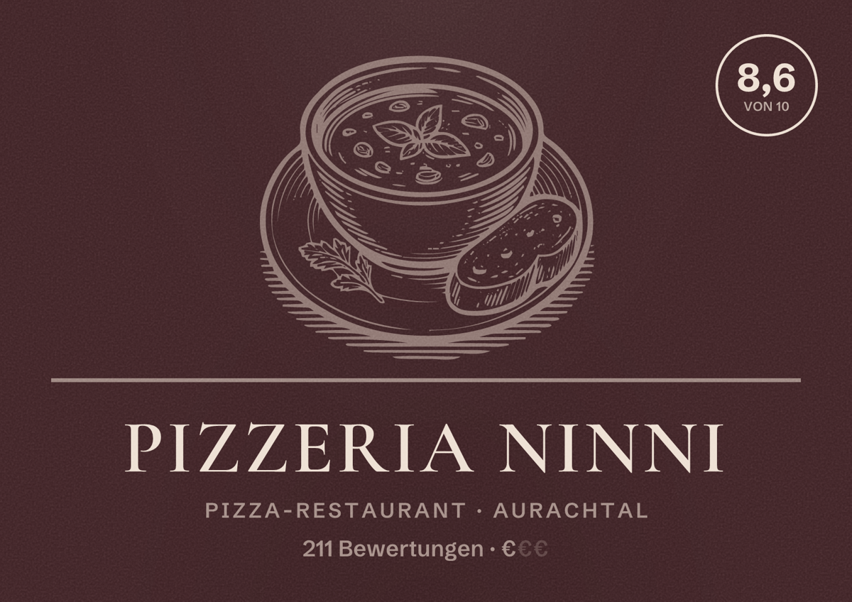 Illustriertes Poster von Pizzeria Ninni, Pizza-Restaurant in Aurachtal: Bewertung 8,6 von 10 aus 211 Bewertungen, Preisniveau €