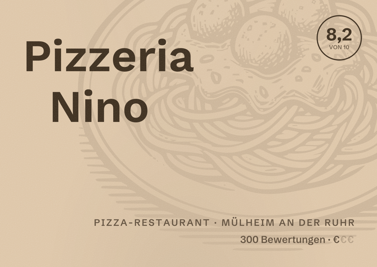 Illustriertes Poster von Pizzeria Nino, Pizza-Restaurant in Mülheim an der Ruhr: Bewertung 8,2 von 10 aus 300 Bewertungen, Preisniveau €