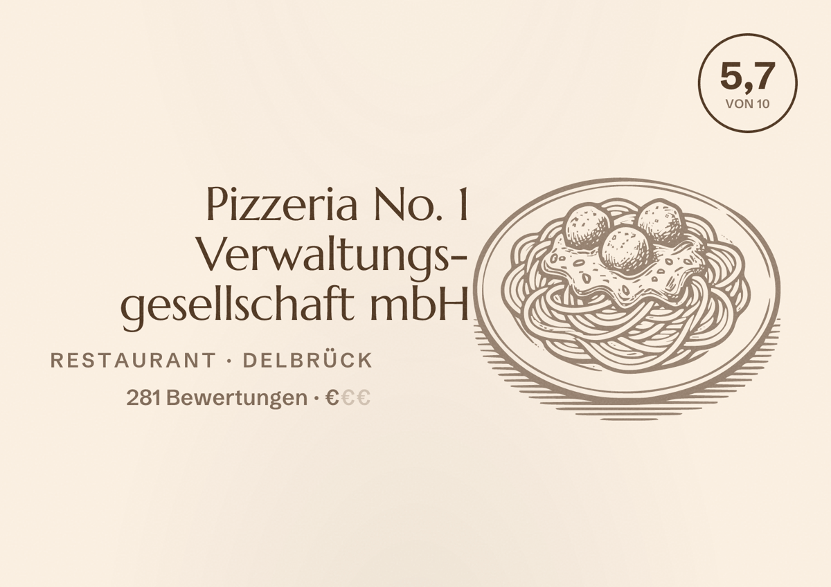 Illustriertes Poster von Pizzeria No. 1 Verwaltungs- gesellschaft mbH, Restaurant in Delbrück: Bewertung 5,7 von 10 aus 281 Bewertungen, Preisniveau €