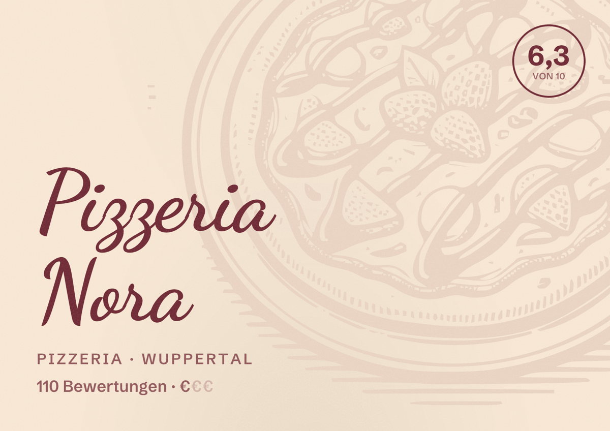 Illustriertes Poster von Pizzeria Nora, Pizzeria in Wuppertal: Bewertung 6,3 von 10 aus 110 Bewertungen, Preisniveau €