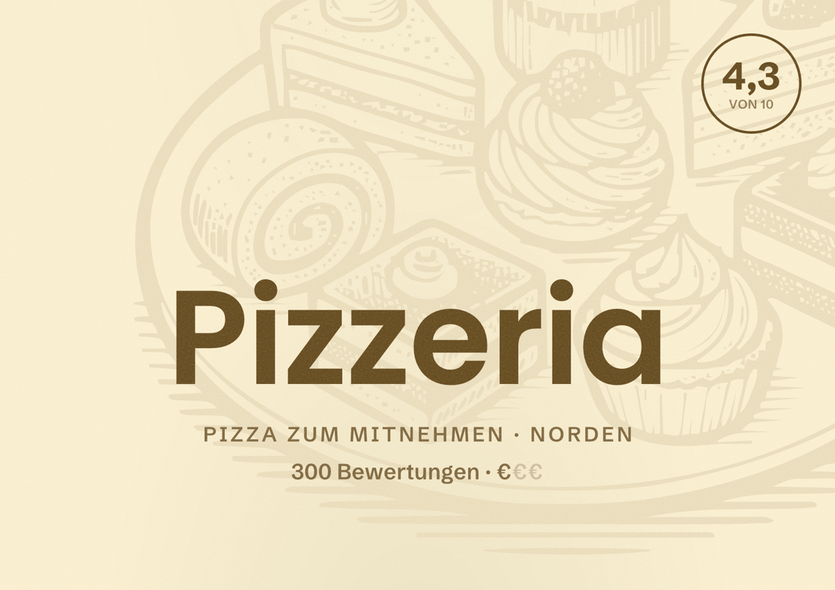 Illustriertes Poster von Pizzeria, Pizza zum Mitnehmen in Norden: Bewertung 4,3 von 10 aus 300 Bewertungen, Preisniveau €