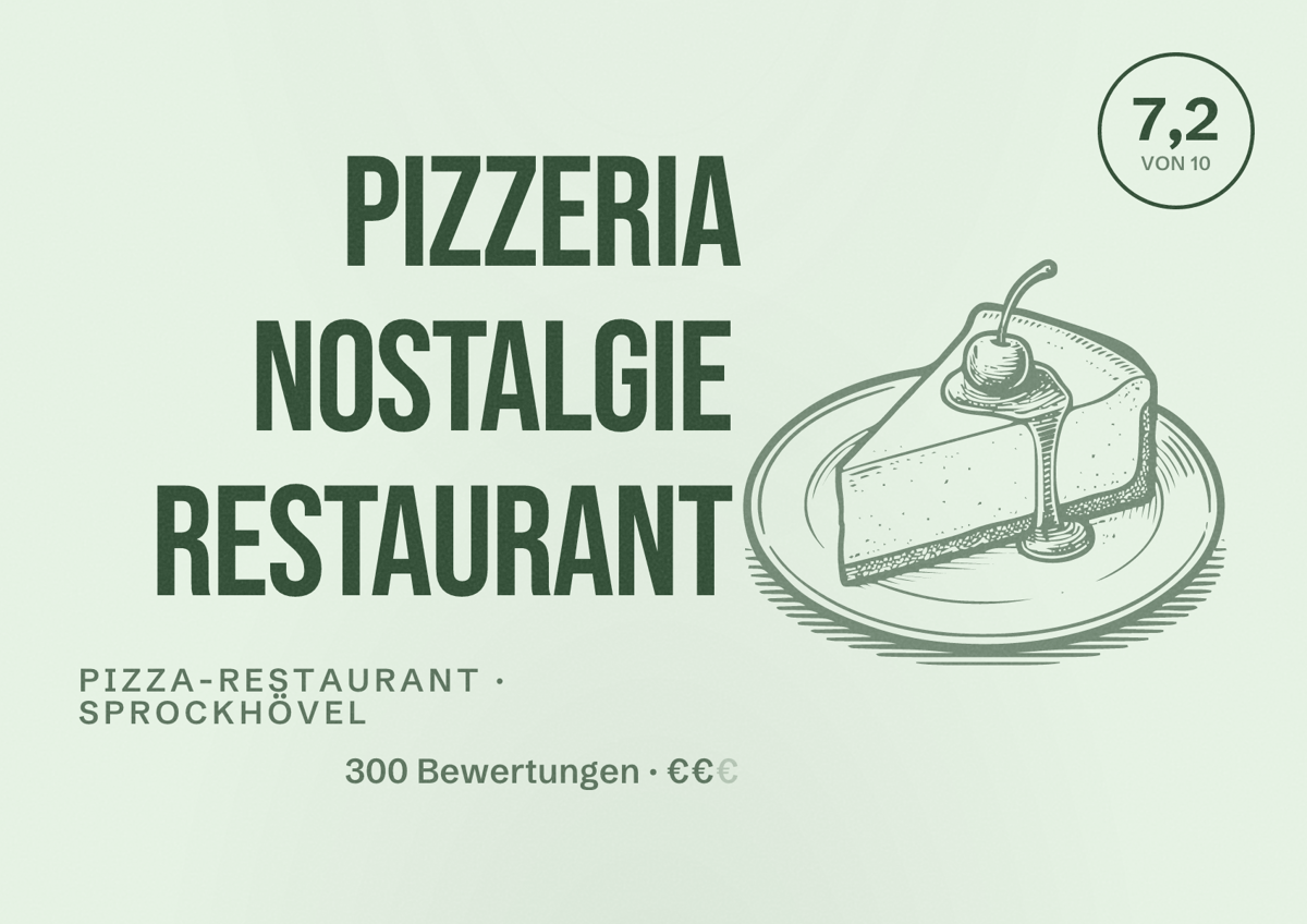 Illustriertes Poster von Pizzeria Nostalgie Restaurant, Pizza-Restaurant in Sprockhövel: Bewertung 7,2 von 10 aus 300 Bewertungen, Preisniveau €€