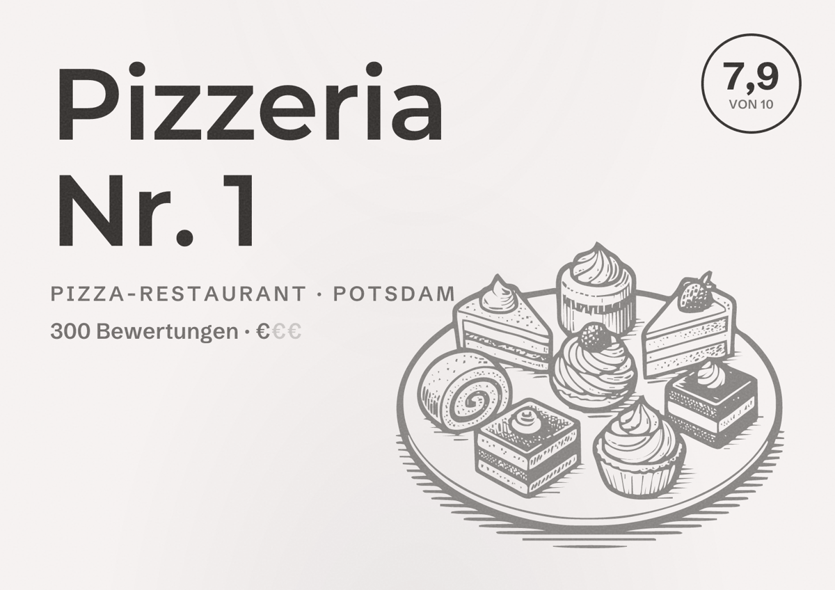 Illustriertes Poster von Pizzeria Nr. 1, Pizza-Restaurant in Potsdam: Bewertung 7,9 von 10 aus 300 Bewertungen, Preisniveau €