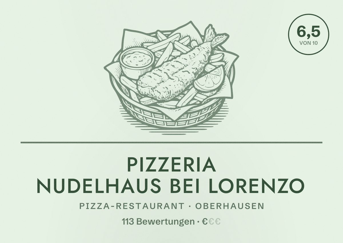 Illustriertes Poster von Pizzeria Nudelhaus Bei Lorenzo, Pizza-Restaurant in Oberhausen: Bewertung 6,5 von 10 aus 113 Bewertungen, Preisniveau €