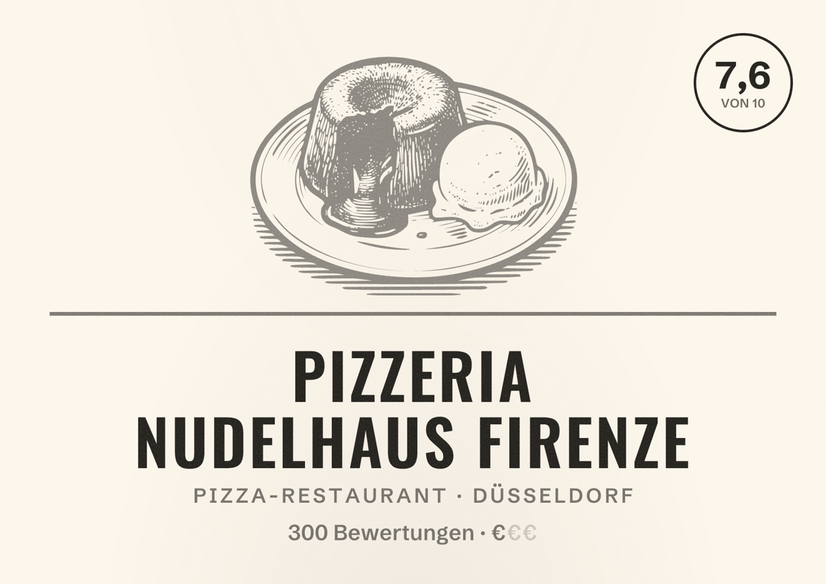 Illustriertes Poster von Pizzeria Nudelhaus Firenze, Pizza-Restaurant in Düsseldorf: Bewertung 7,6 von 10 aus 300 Bewertungen, Preisniveau €